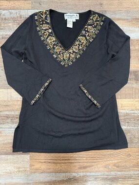 Joseph A. Black Sweater Top with Gold Embroidery